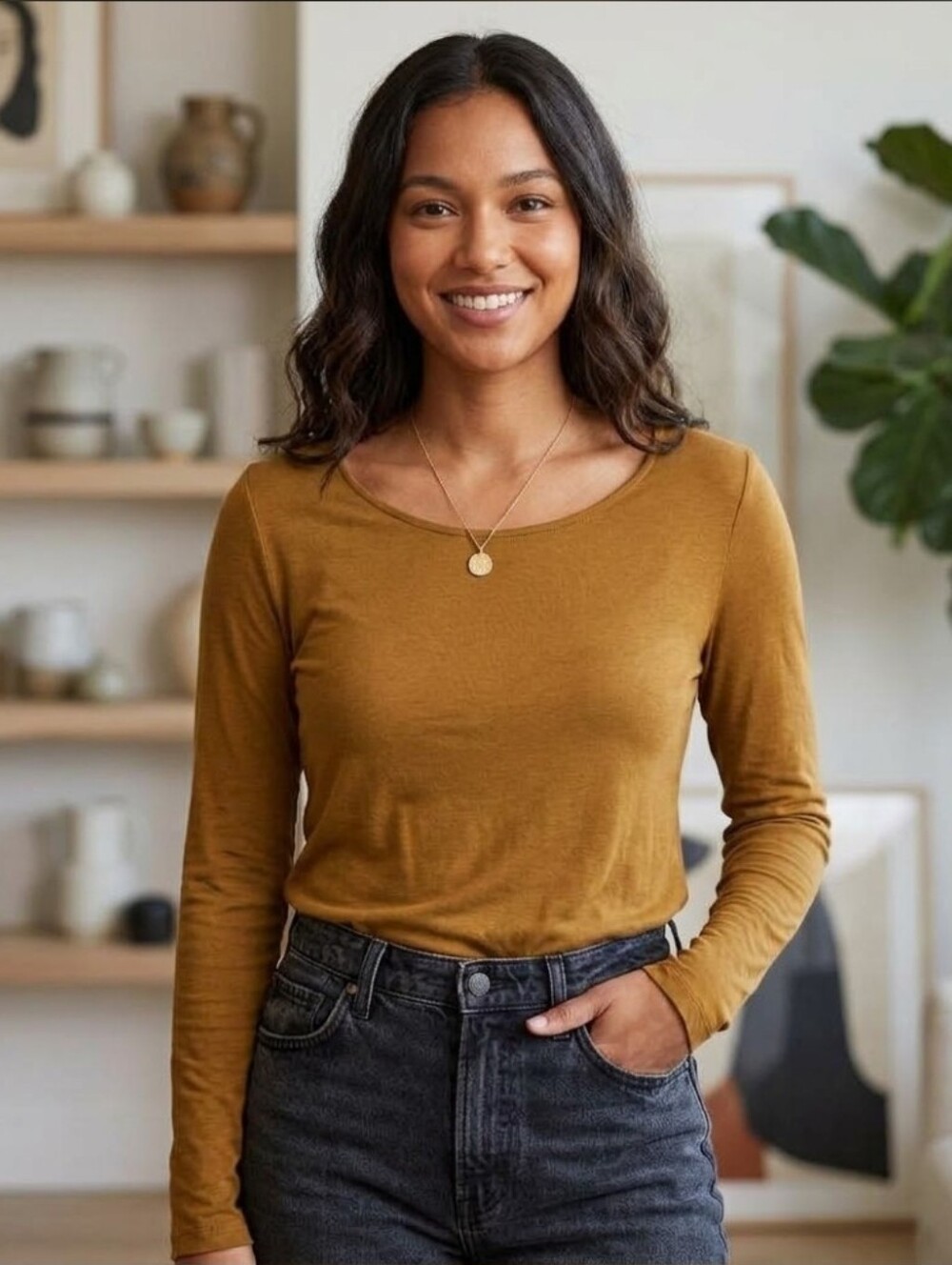 J.Crew Women Top 100% Modal Long Sleeve Scoop Neck Mustard / Ochre Brown